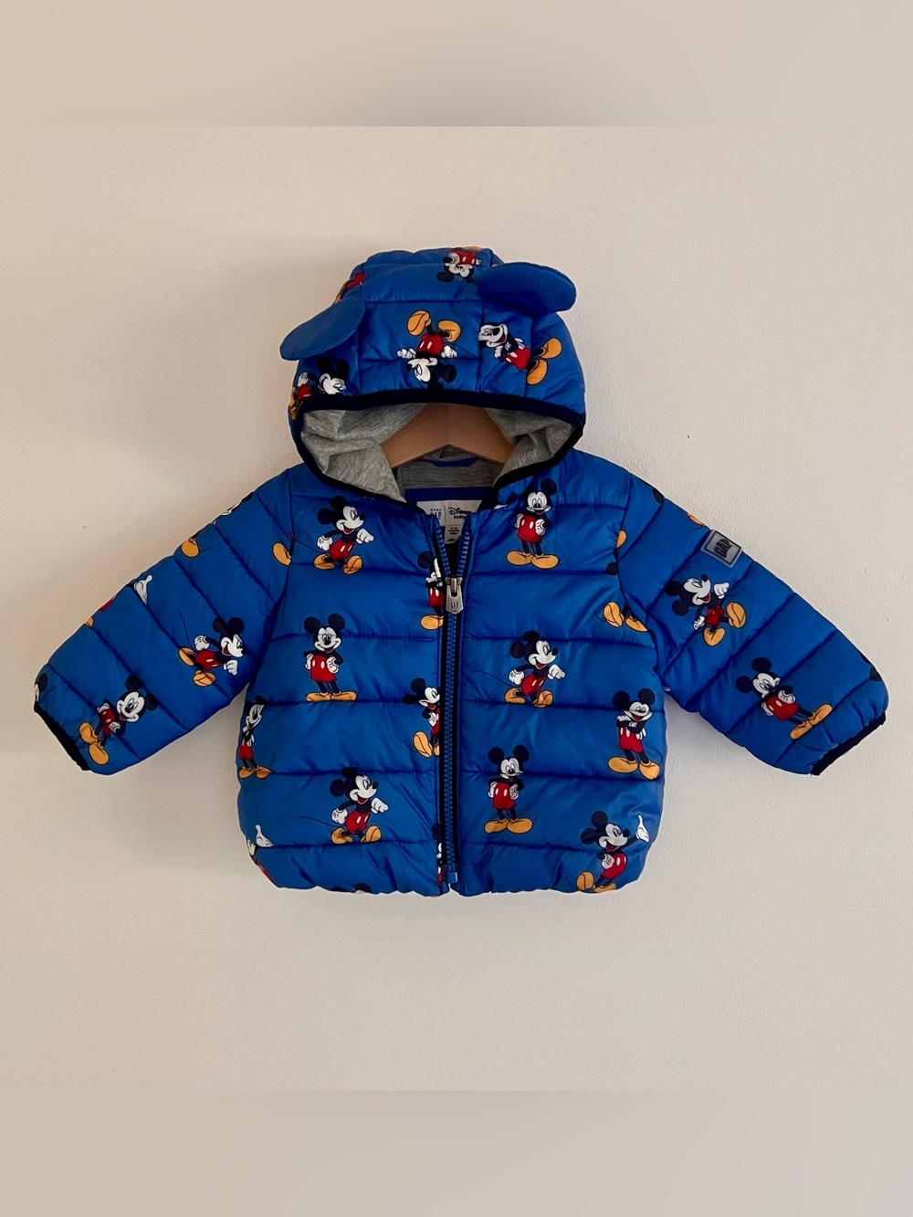 Disney Baby GAP Blue Mickey Mouse Puffer Coat with Mickey Ear Hood 6-12 Months